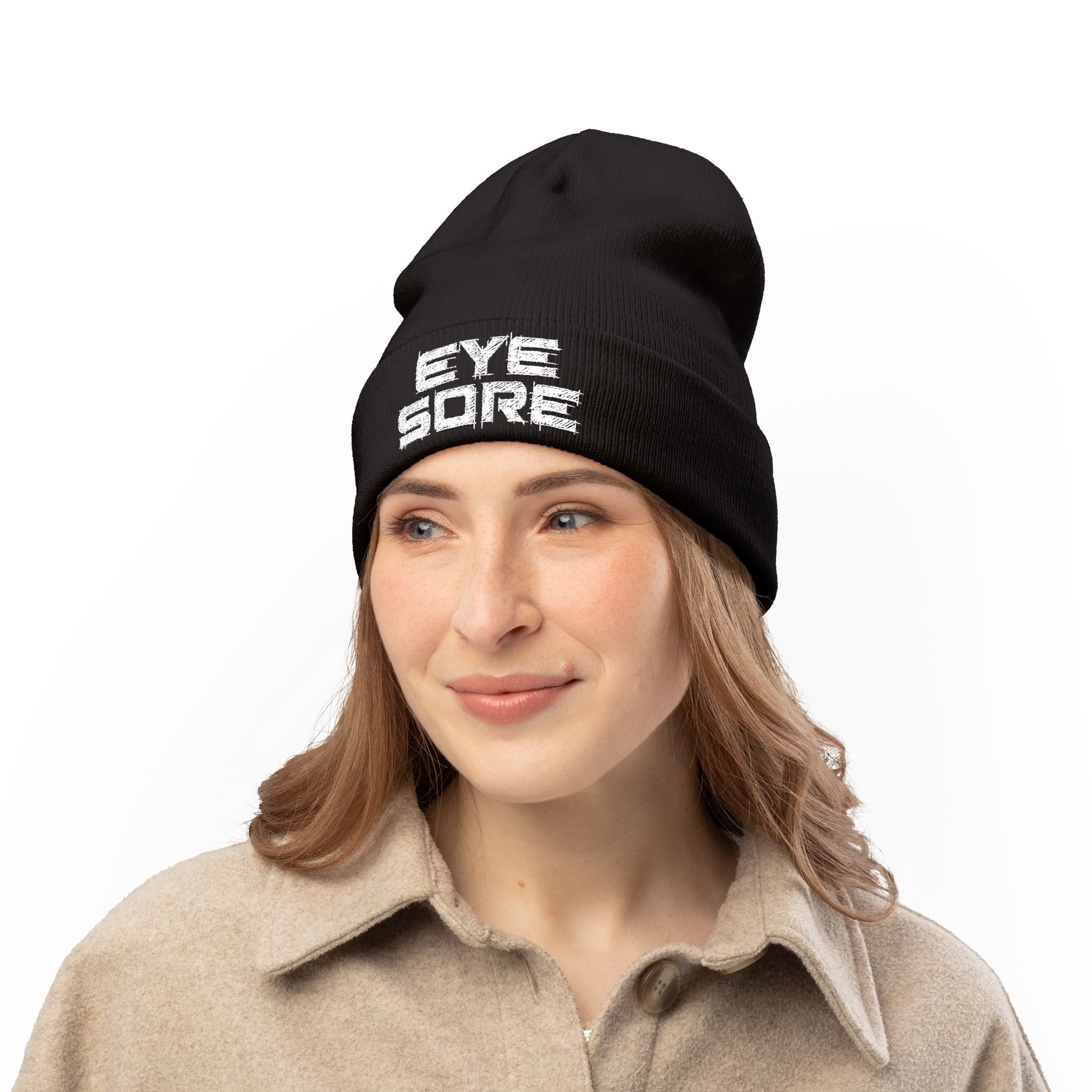 Embroidered 'EYE SORE' Knit Beanie – Black Cuffed Winter Hat